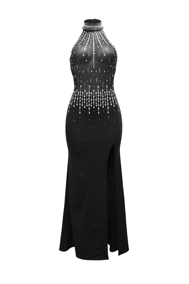 Rhinestone Sheer Halter Slit Maxi Gown