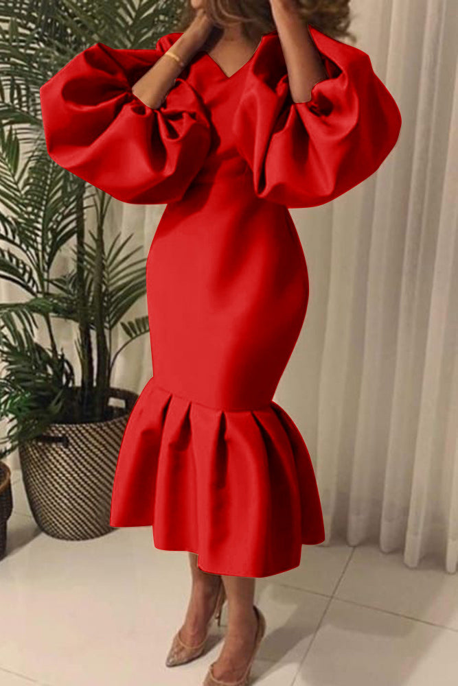 Plus Size Solid Color Puff Sleeve Flounce Dress