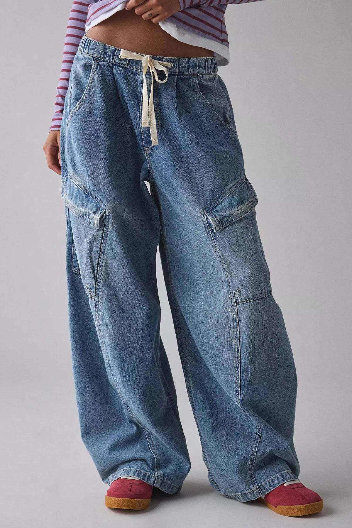 Drawstring Waist Baggy Cargo Jeans