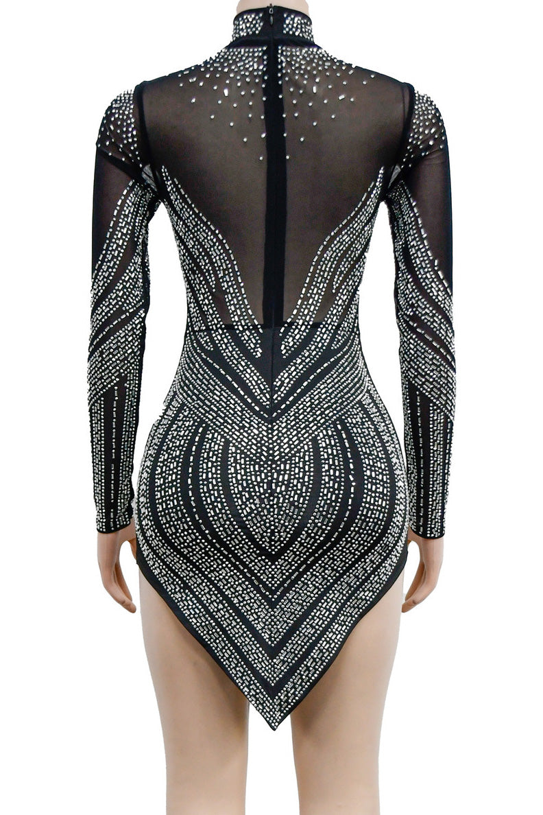 Rhinestone Embellished Sheer Mesh Mini Dress