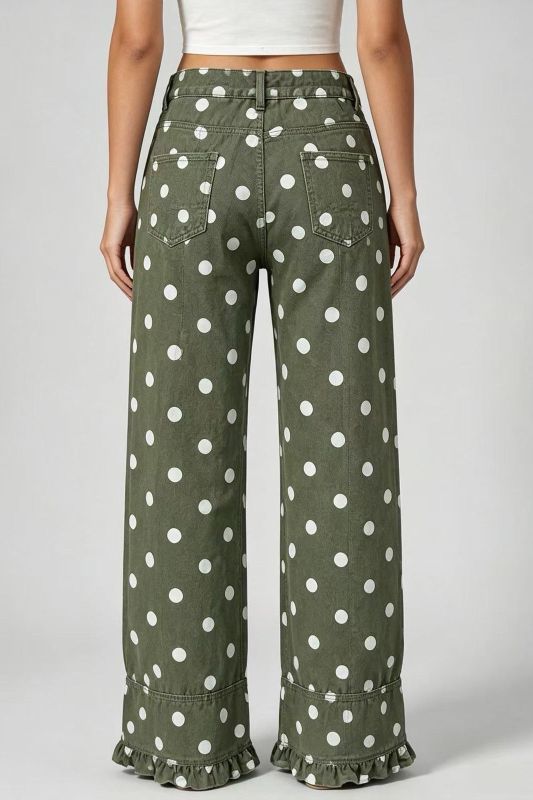 Polka Dot Wide Leg Jeans with Ruffle Hem