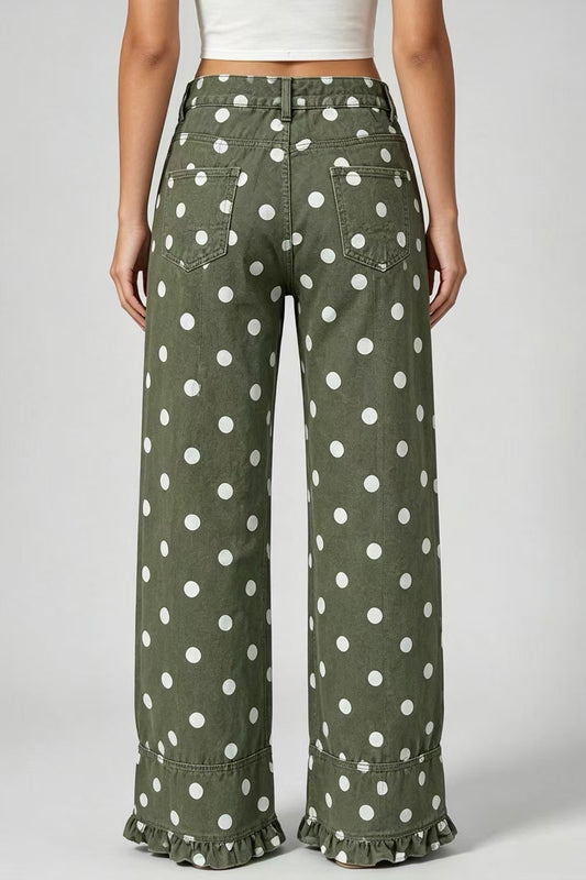 Polka Dot Wide Leg Jeans with Ruffle Hem