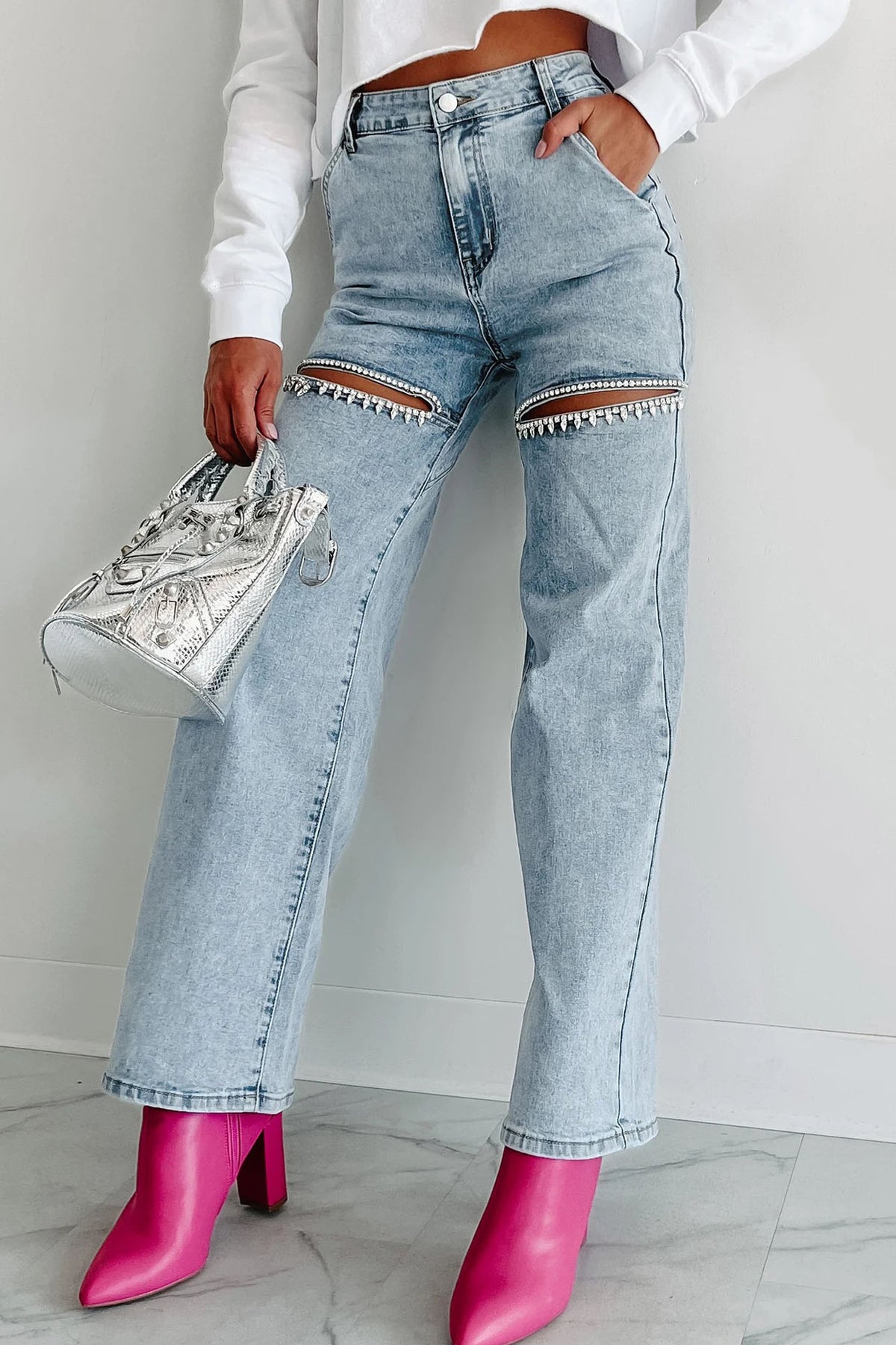 Mid Rise Crystal Slit Knee Jeans