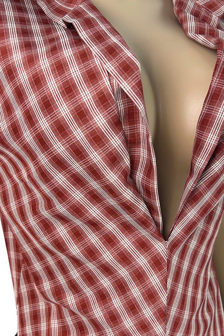 Plunge V-Neck Plaid Pointed Hem Top