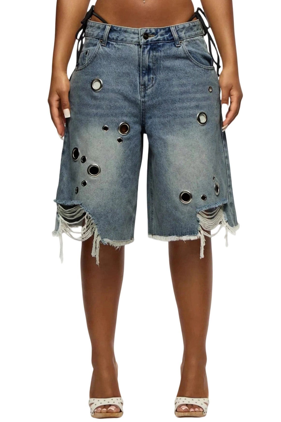 Grommet Distressed Denim Bermuda Shorts