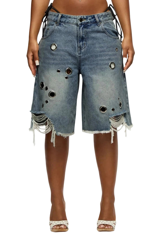 Grommet Distressed Denim Bermuda Shorts
