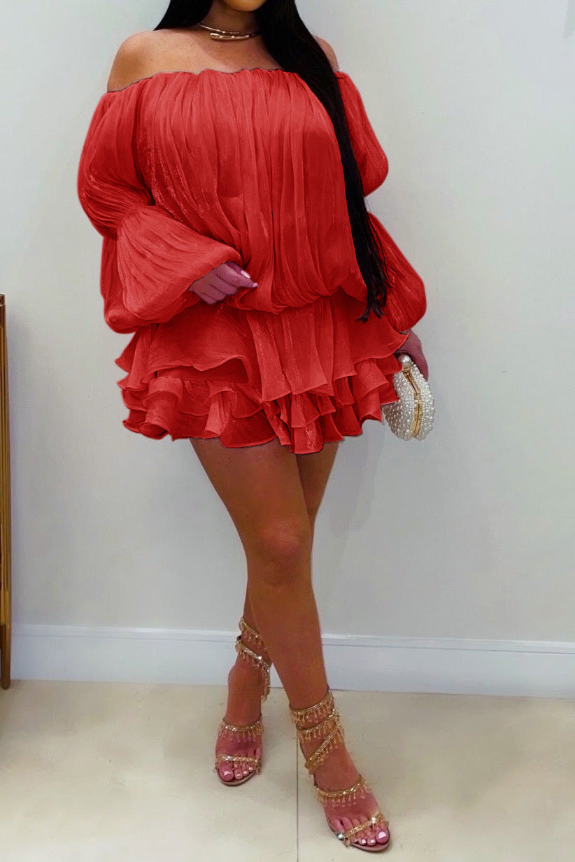 Plisse Off-Shoulder Tiered Mini Dress