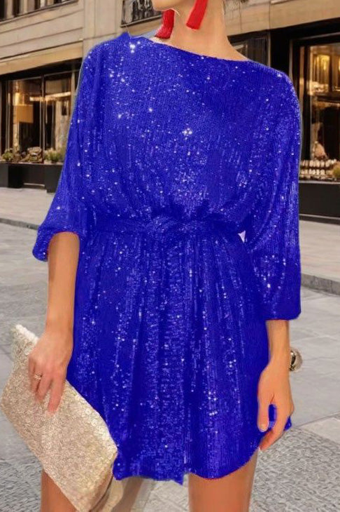Sequin Tie Waist Long Sleeve Mini Dress