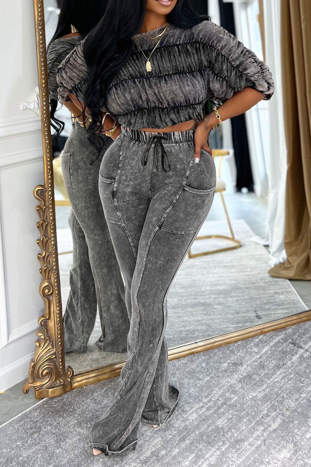 Ruched Crop Top and Lounge Pant Set