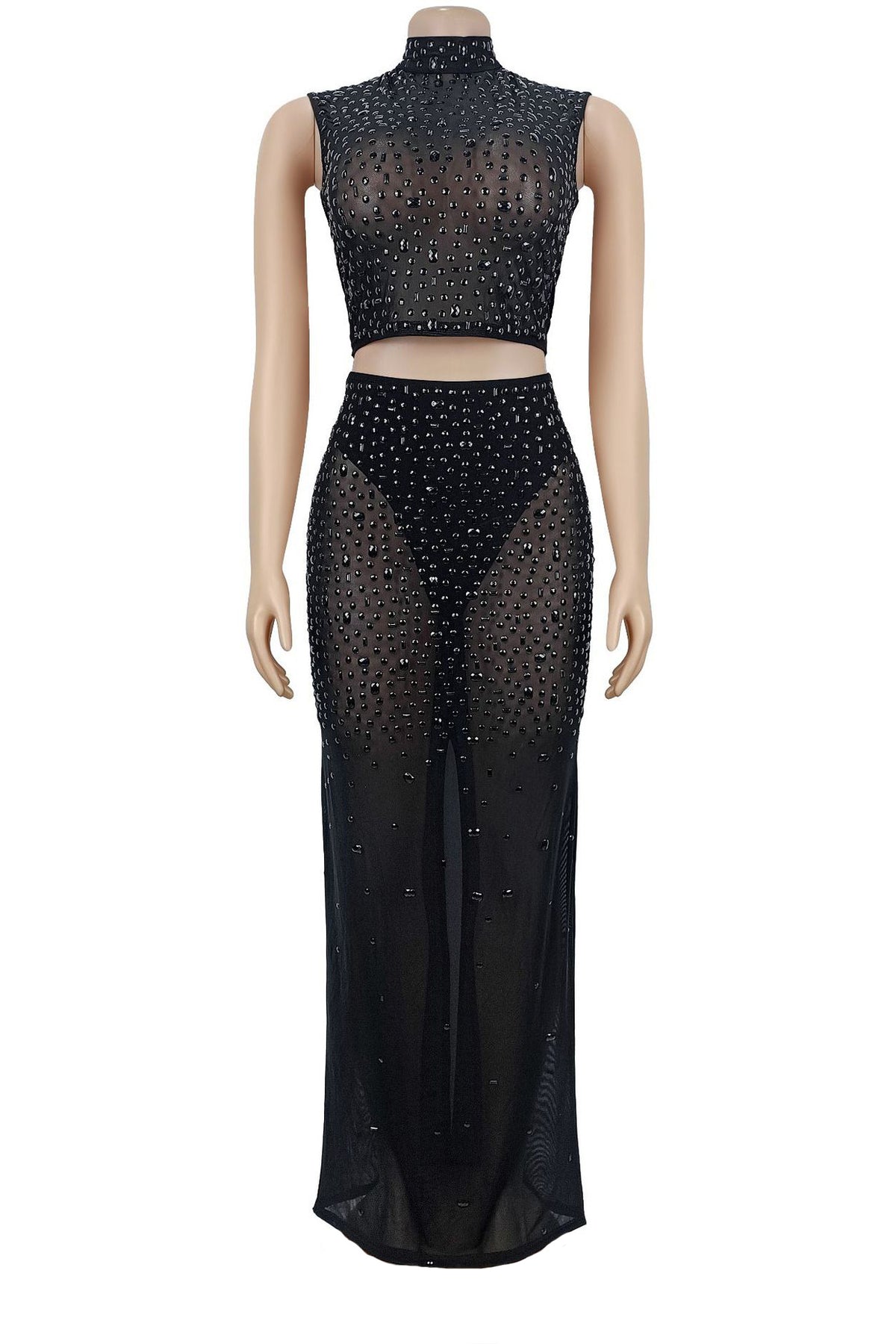 Sheer Rhinestone Mesh Maxi Skirt Set