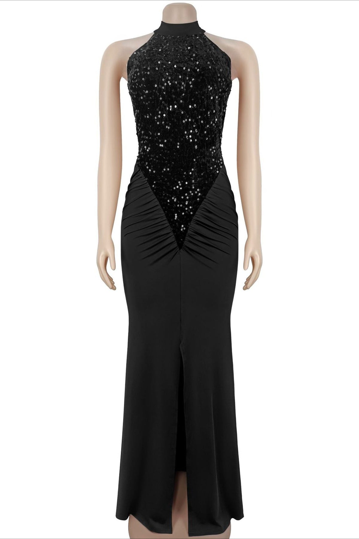 Sequin Ruffle Halter Maxi Dress