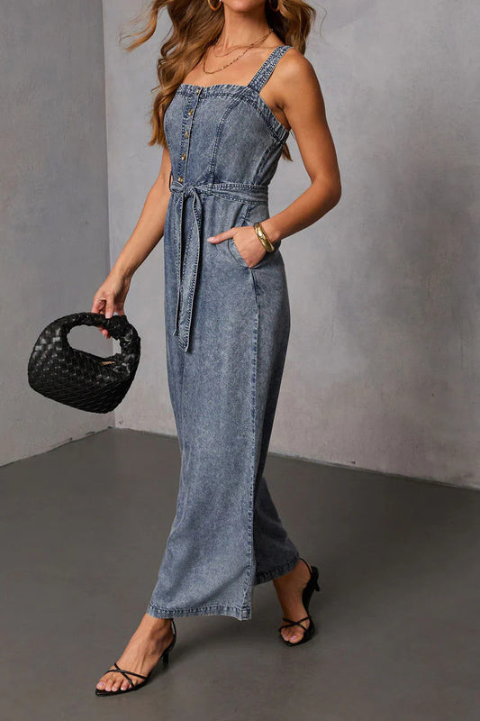 Button-Front Wide Leg Denim Jumpsuit