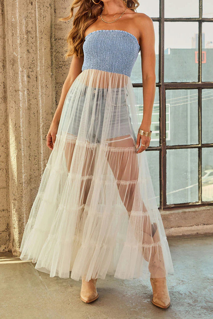 Strapless Smocked Sheer Maxi Dress