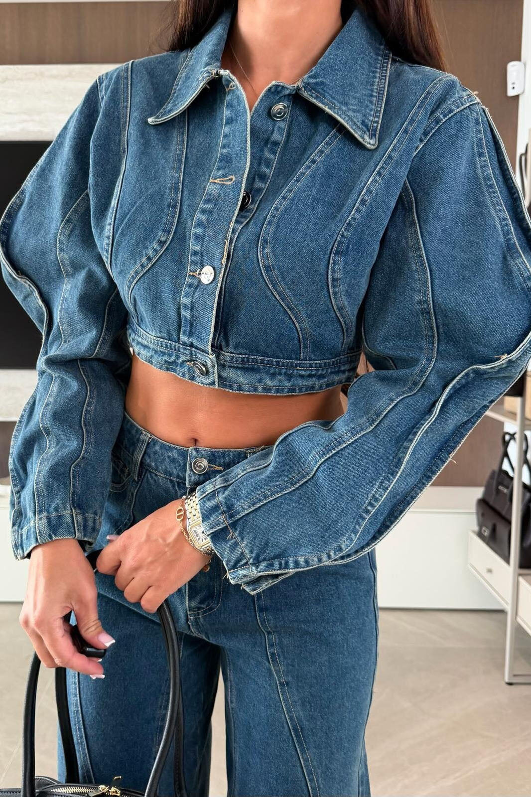 Contrast-Stitch Cropped Denim Jacket