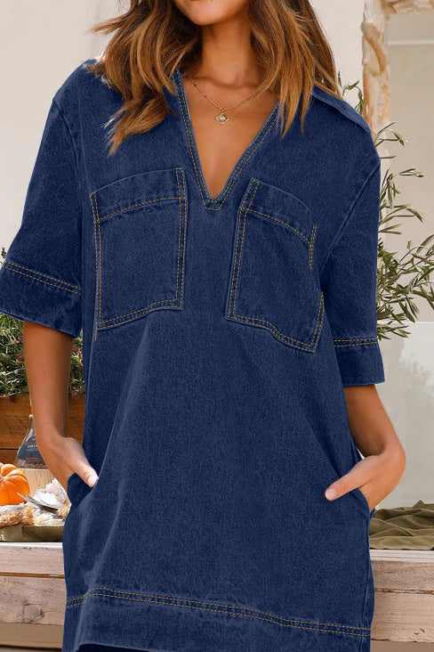 Collared Short Sleeve Loose Denim Dress