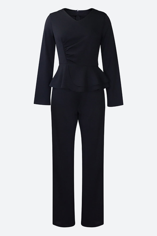 Solid Flounce V Neck Long Sleeve Sets