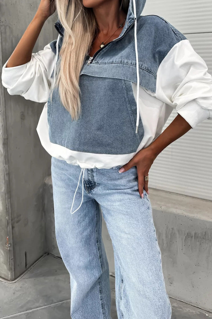Loose Wash Denim Patchwork Hoodie