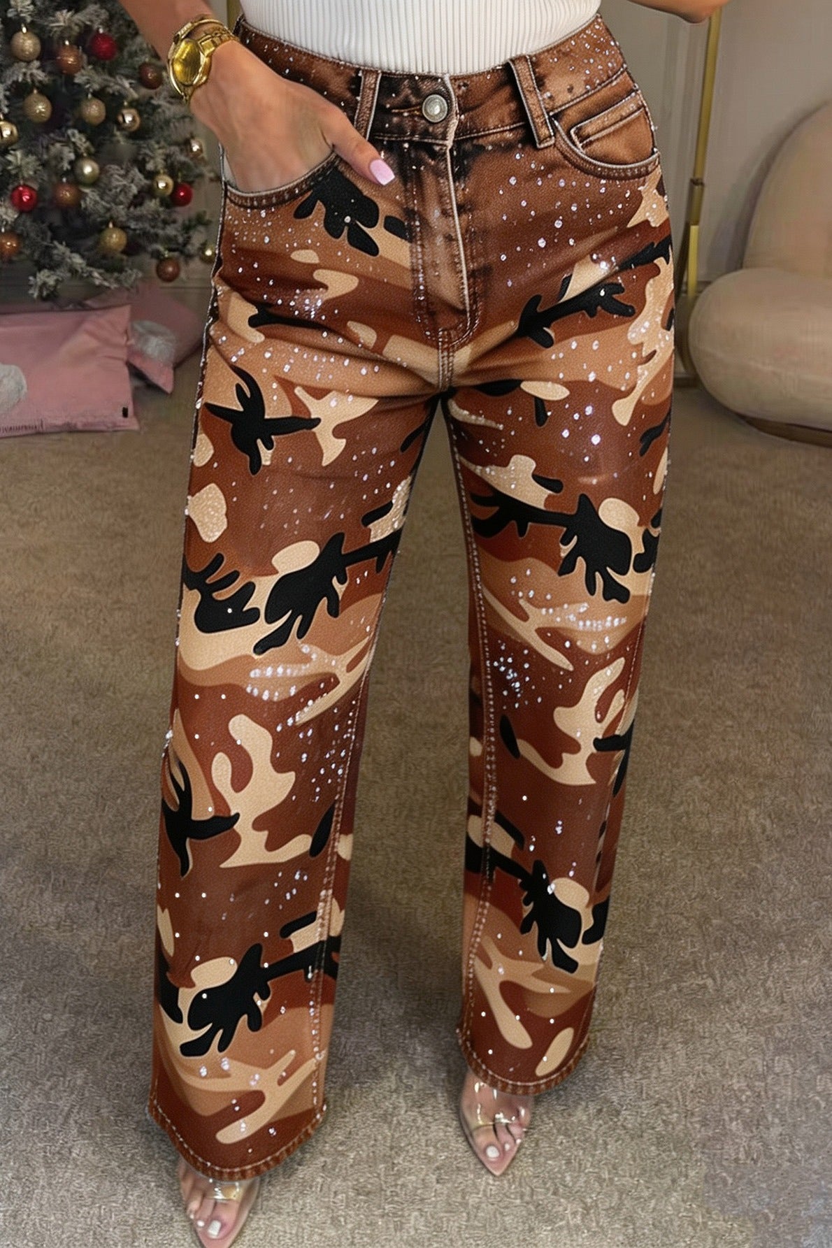 Rhinestone Camo Straight Leg Jeans