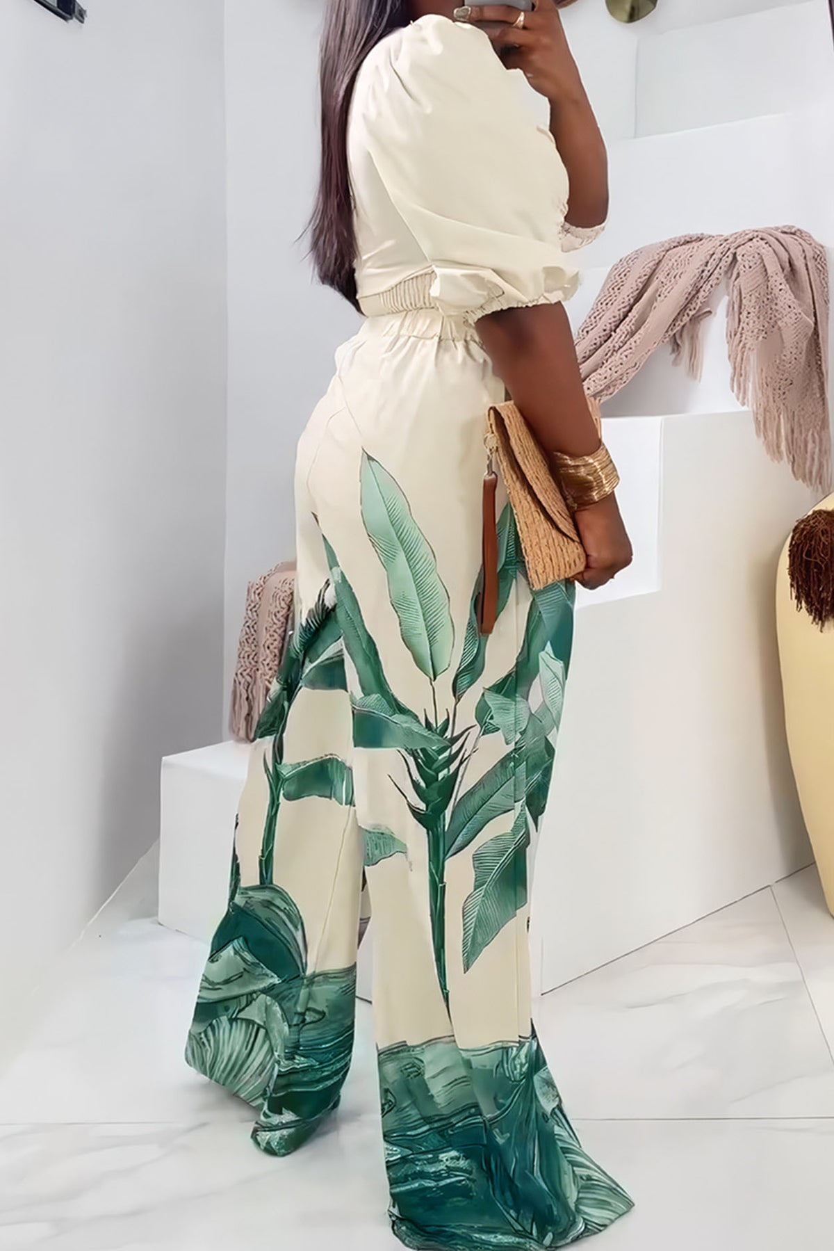 Printed V-Neck Wide-Leg Pants Set