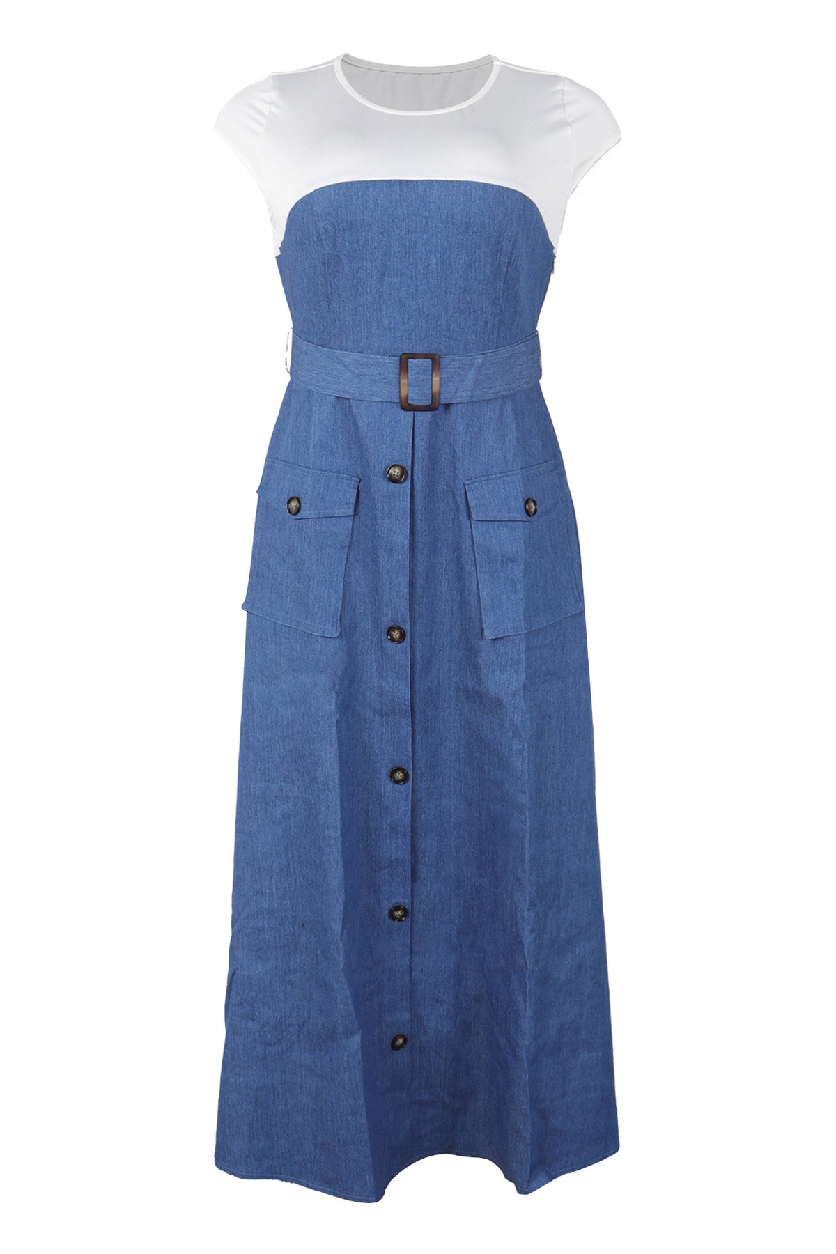 Elegant Denim Patchwork Pocket A-Line Dress