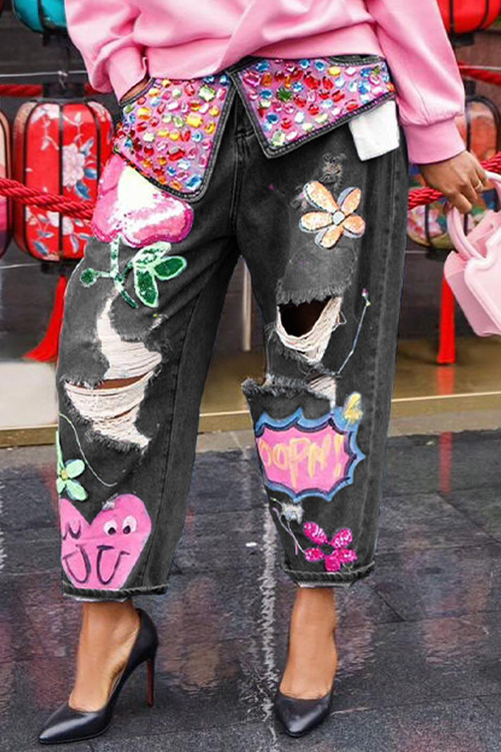 Embroidered Rhinestone Ripped Jeans