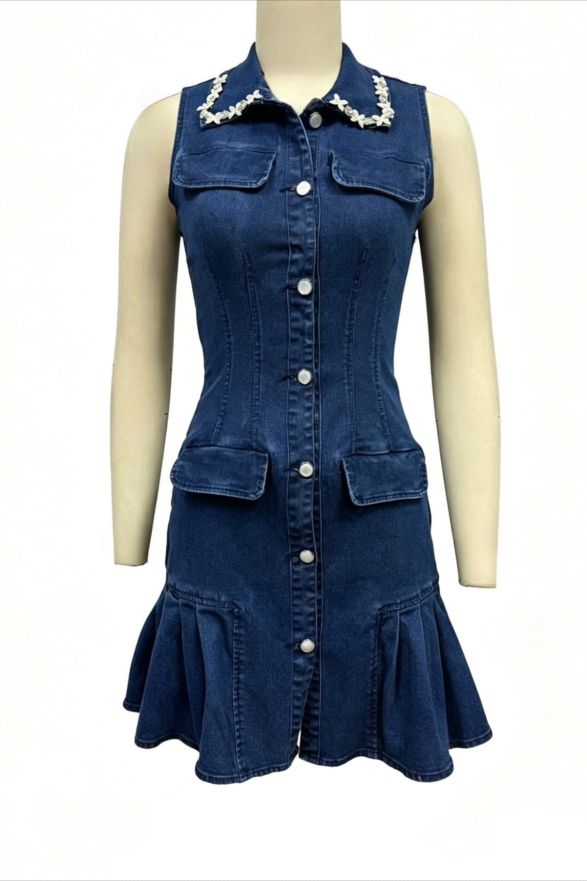 Embellished Collar Ruffle Denim Mini Dress
