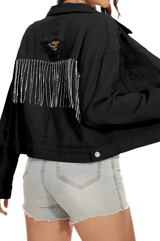 Distressed Button-Up Cropped Denim Jacket