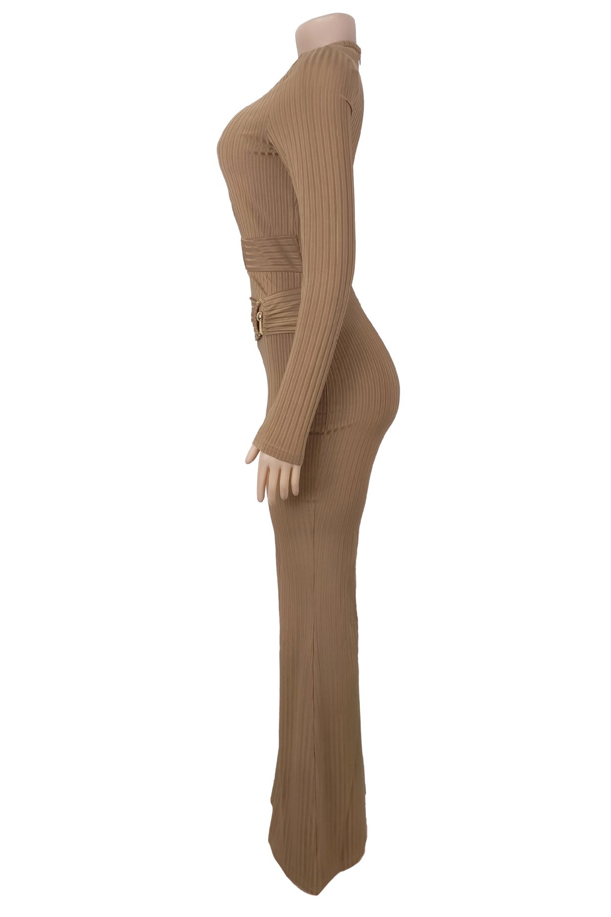 Ribbed Cutout Long-Sleeve Flared Jumpsuit