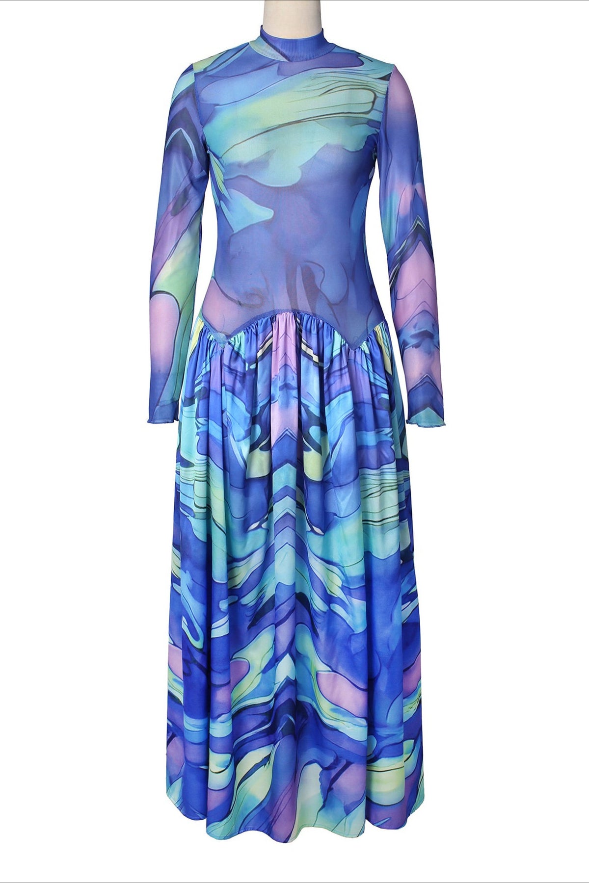 Mock Neck Mesh Floral Maxi Dress