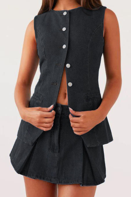 Denim Vest Skirt Sets