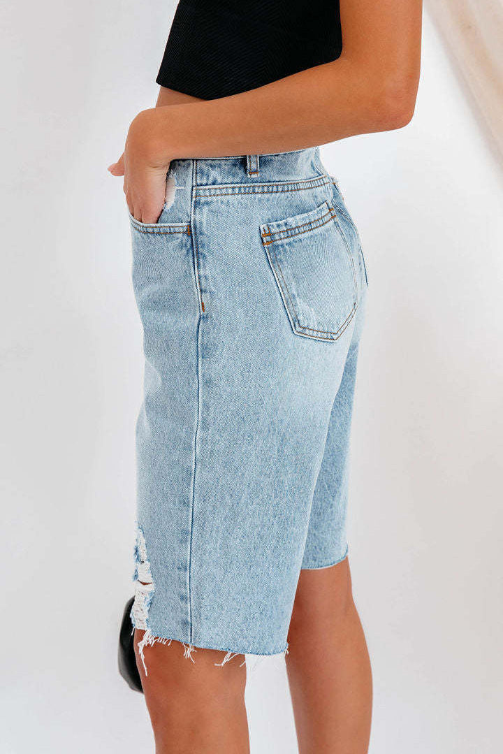 High-Waisted Distressed Denim Bermuda Shorts