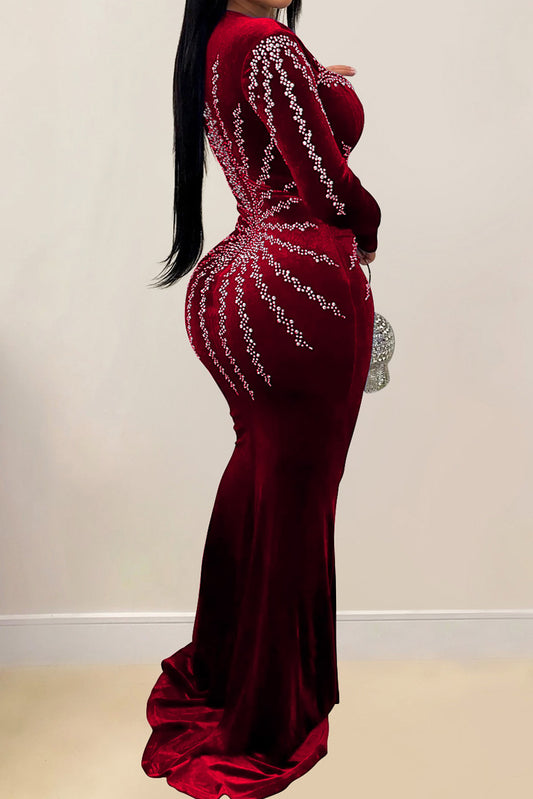 Rhinestone Plunge Illusion Velvet Maxi Dress