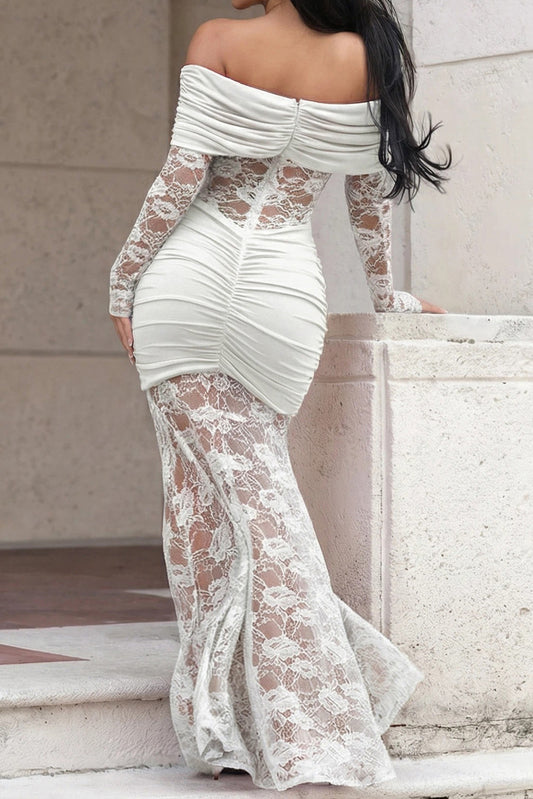 Off-Shoulder Ruched Lace Maxi Dress