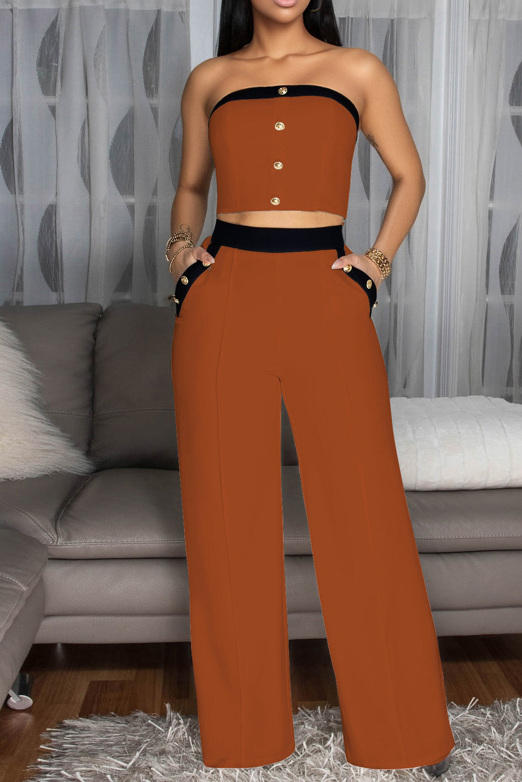 Wide-Leg Pant Suit with Wrap Detail Top