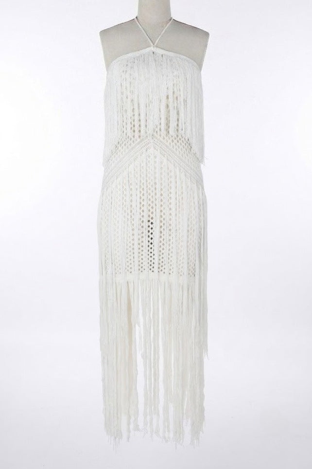 Crochet Halter Fringe Maxi Dress