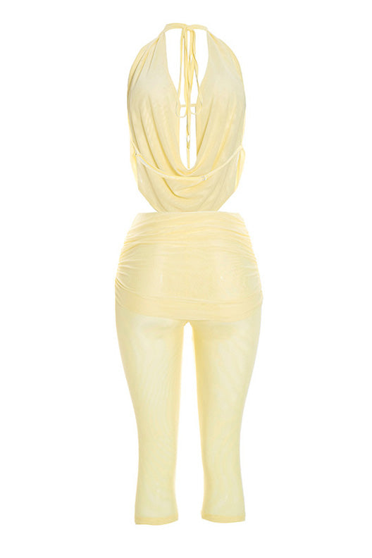 Draped Halter & Sheer Mesh Capri Set