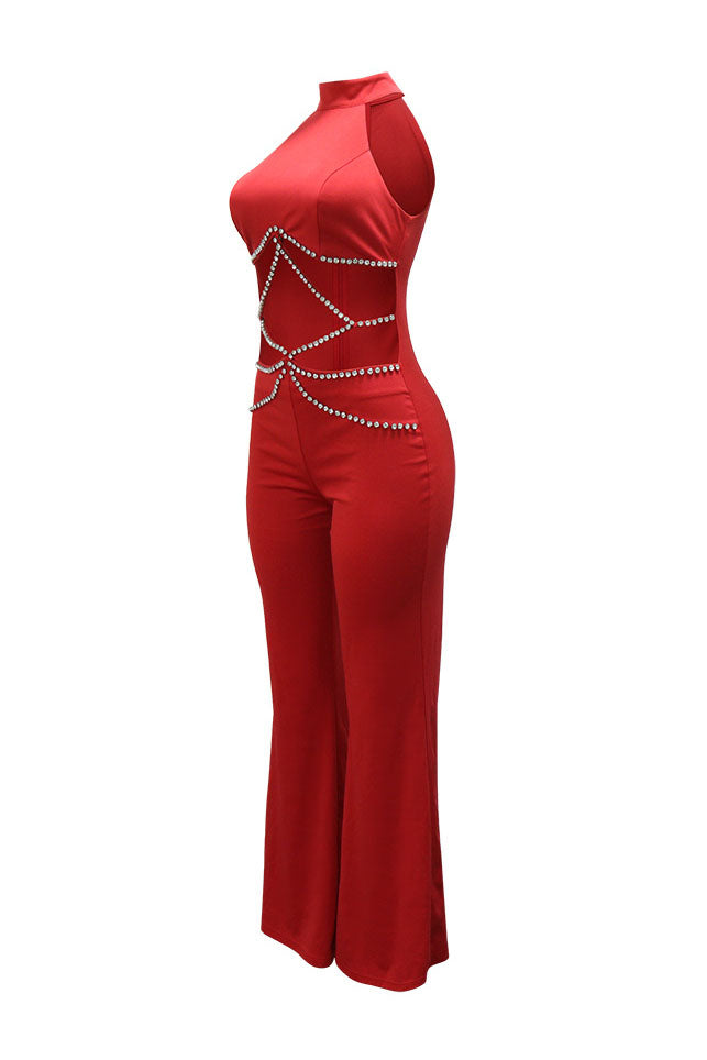 Halter Rhinestone Chain Cutout Flared Jumpsuit
