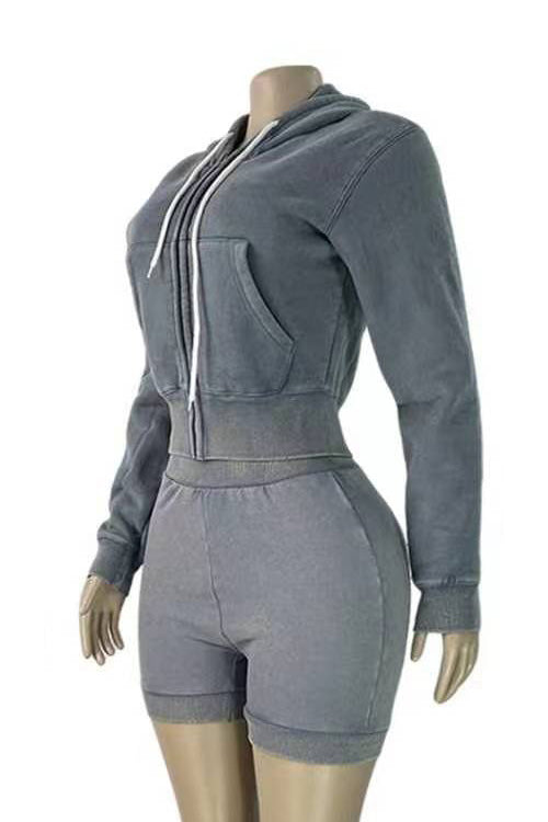 Mineral Wash Zip Hoodie & Shorts Set