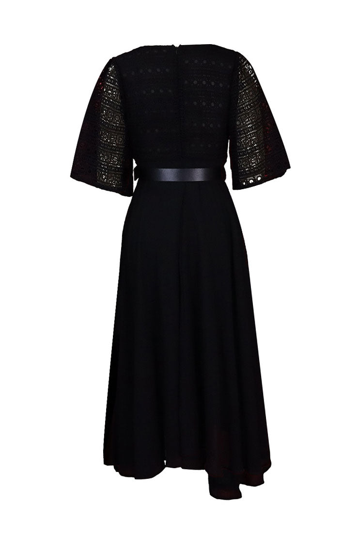 Square Neckline Lace Sleeve Midi Party Dress
