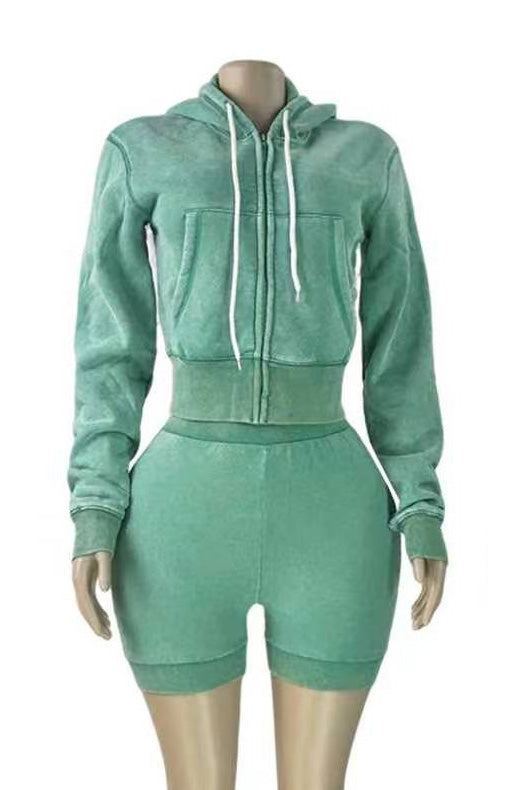 Mineral Wash Zip Hoodie & Shorts Set