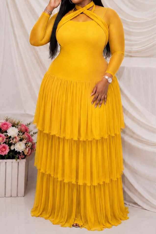 Plus Size Sheer Tiered Mesh Maxi Dress