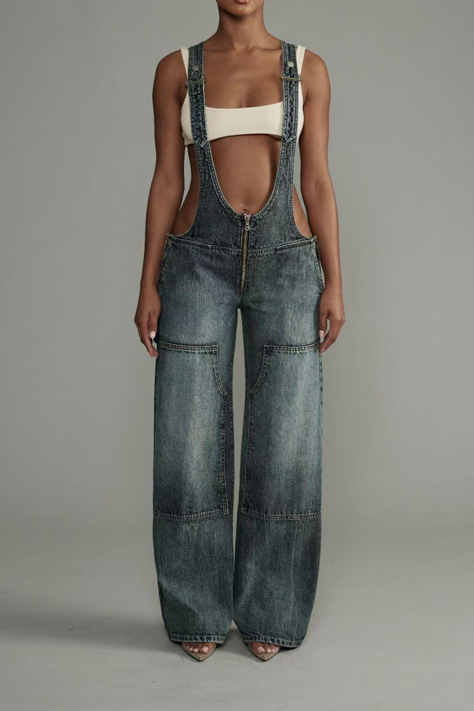 Vintage Wash Wide Leg Denim Overalls
