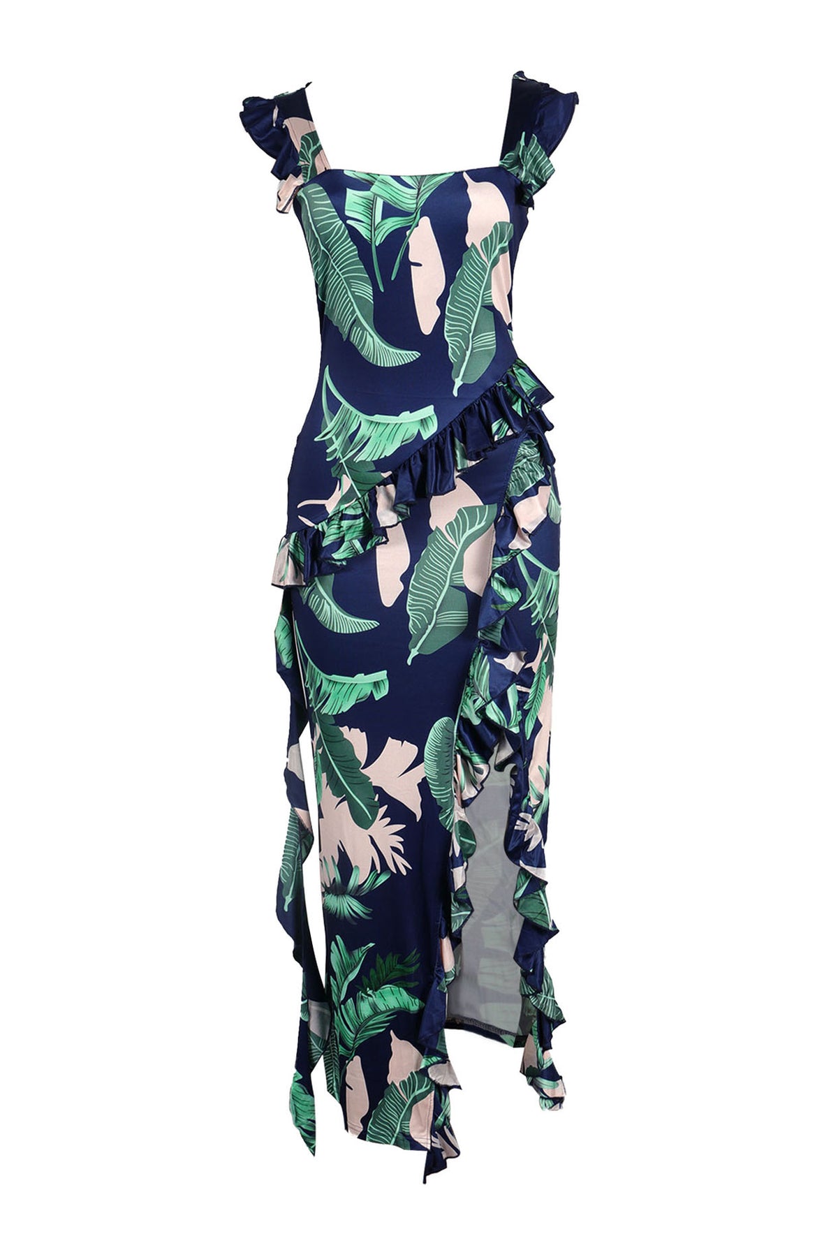 Long Strapless Dress With Slits and Tropical Print