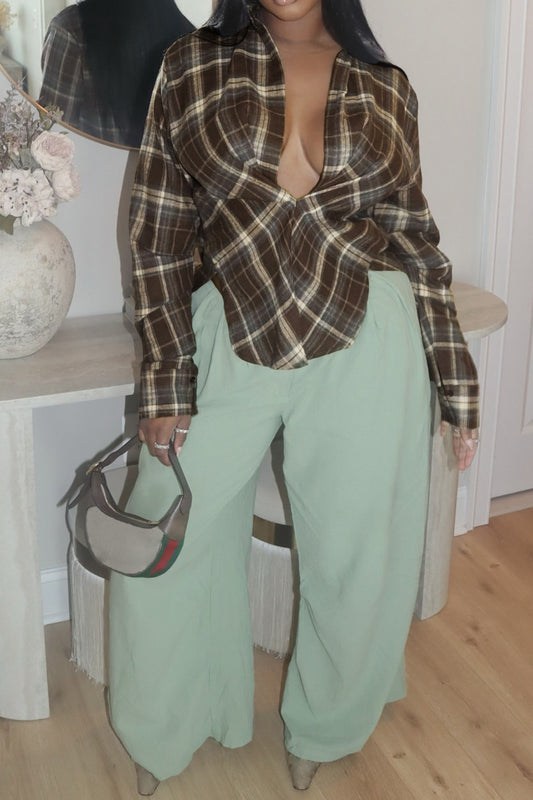 Plaid V-Neck Fold-Sleeve Split Hem Top