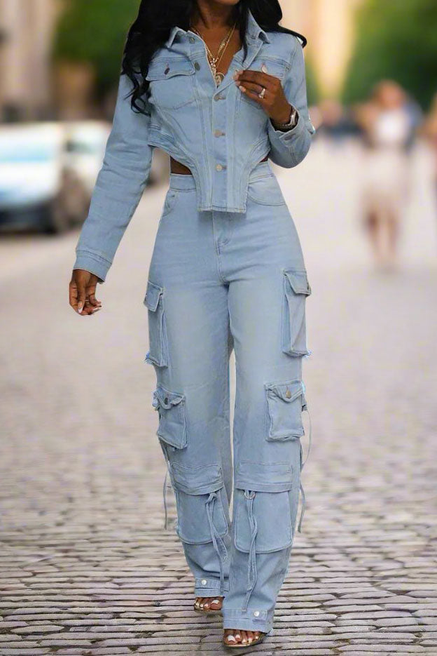 Asymmetrical Cut Denim Jacket Sets