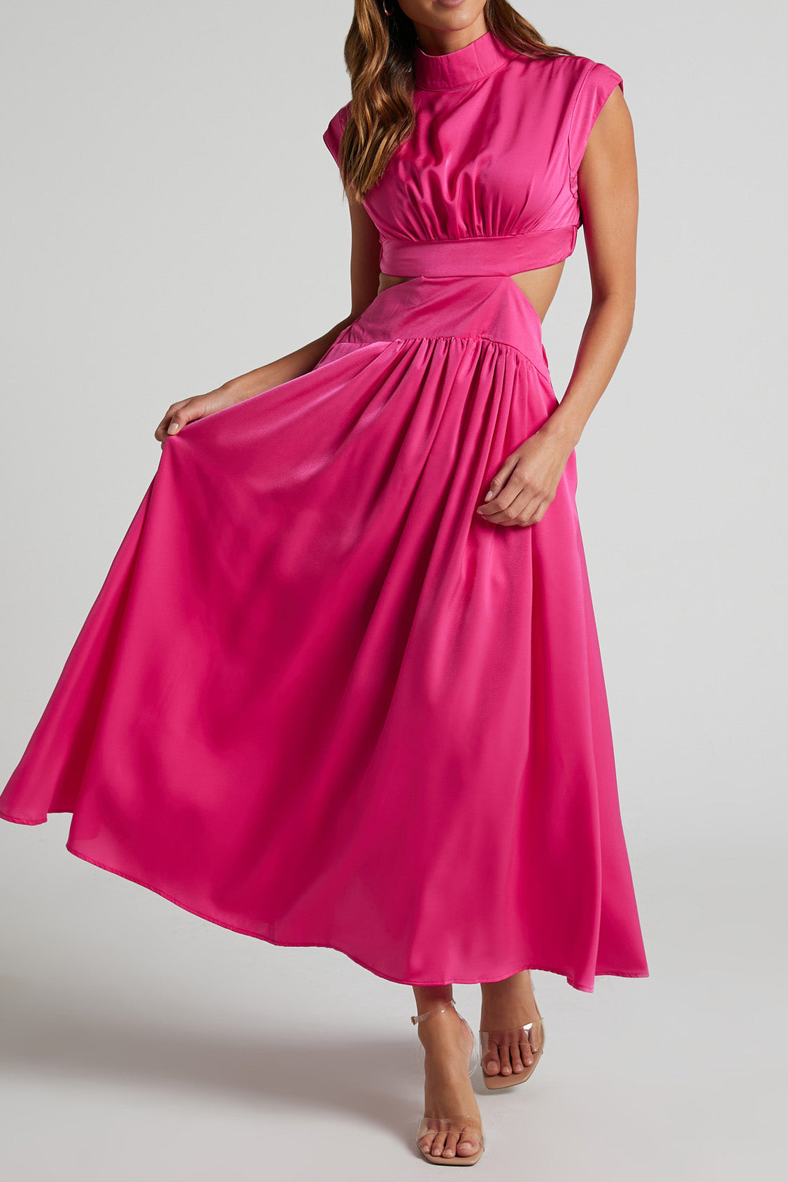 Mock Neck Cut Out Pleated Maxi Dress