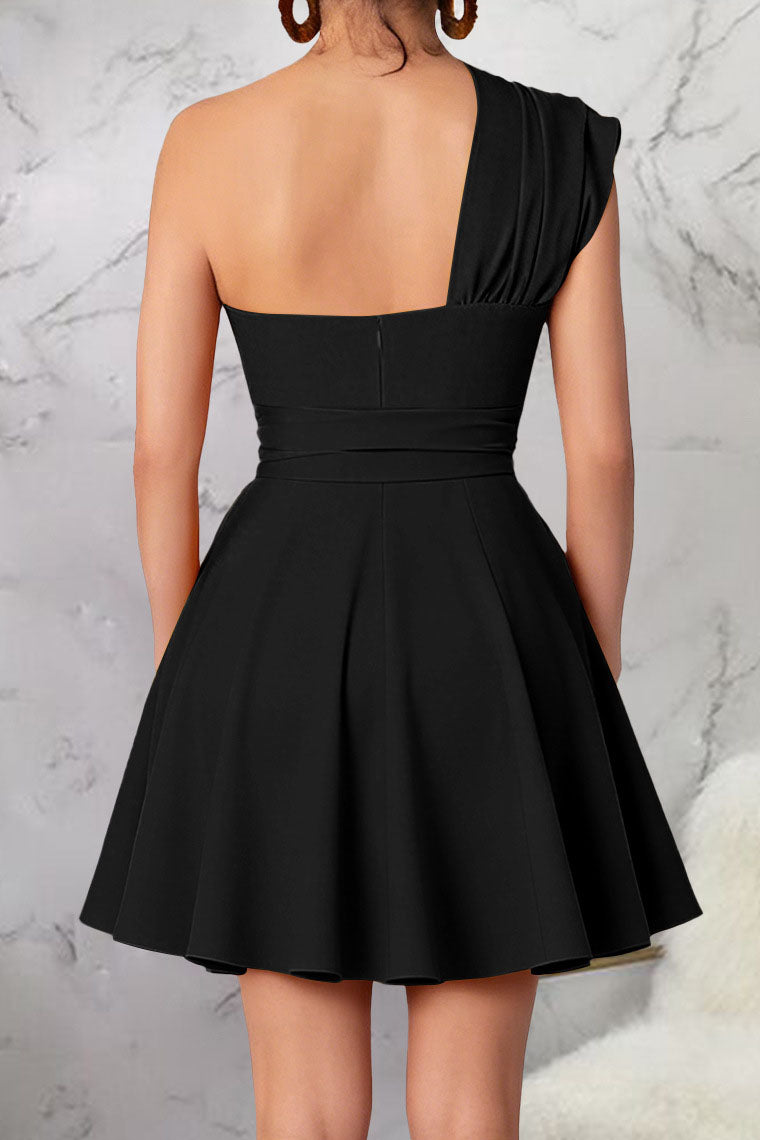 One-Shoulder Tie-Waist Pleated Mini Dress