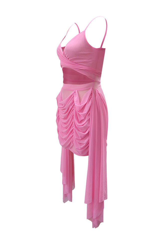 Draped Mesh Cutout Mini Dress