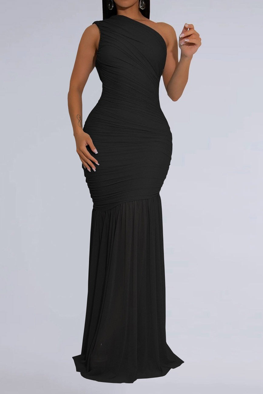 One-Shoulder Ruched Mesh Maxi Dress
