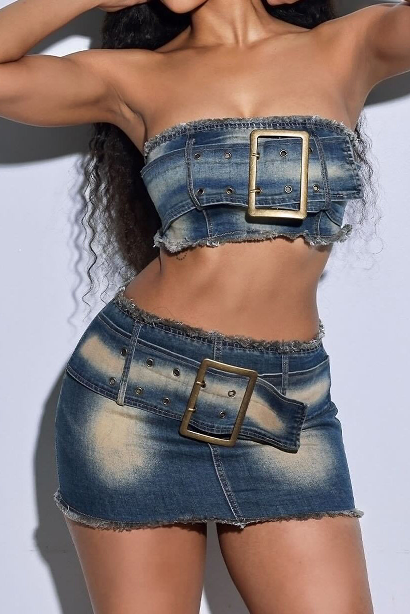 Strapless Tops Match Denim Skirts Sets